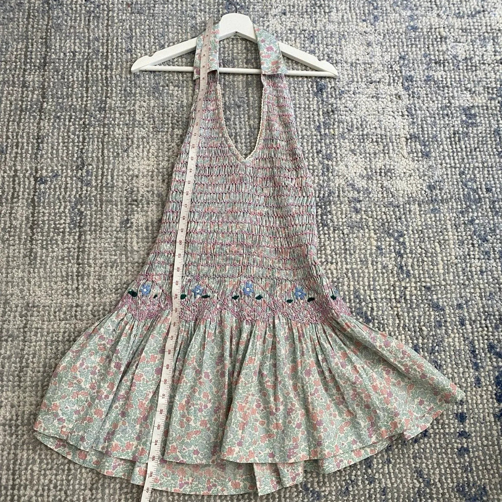 Backless pleated floral embroidered mini dress