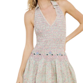 Backless pleated floral embroidered mini dress