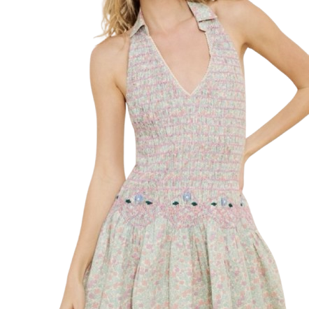 Backless pleated floral embroidered mini dress