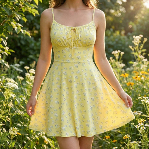 Woman wearing a yellow floral dress standing in a field of flowers