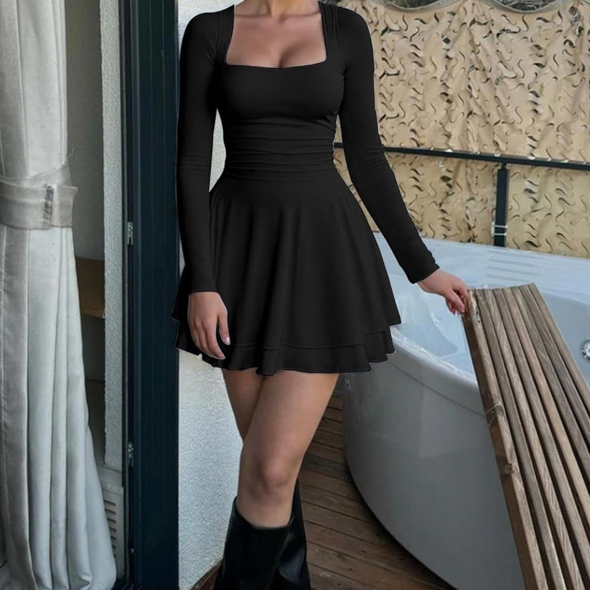 Long sleeve square neck mini dress