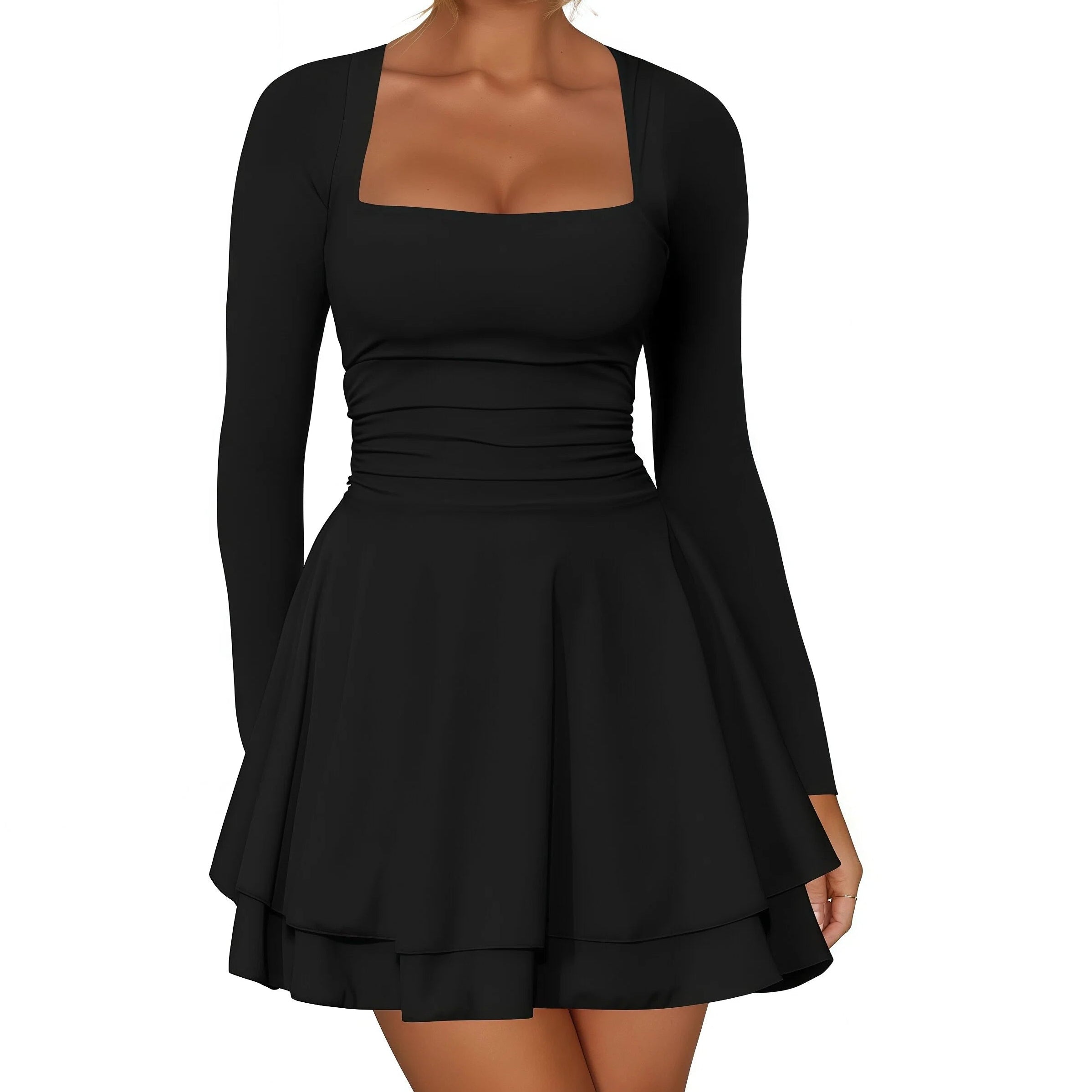 Black long-sleeve dress with a square neckline on a white background