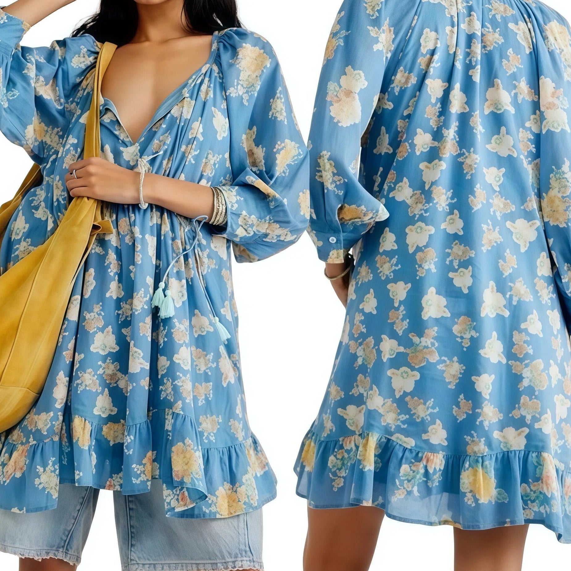 Woman wearing a blue floral dress with a yellow bag, shown from front and back views.