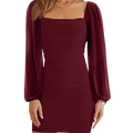 Puff sleeve mesh pleated slim fit mini dress