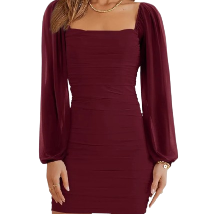 Puff sleeve mesh pleated slim fit mini dress