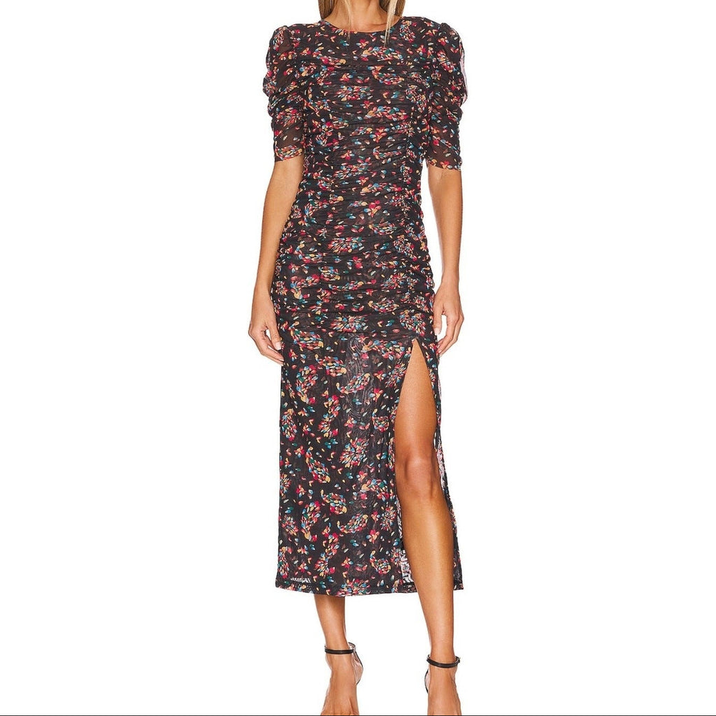Puff sleeve ruffled mesh dress