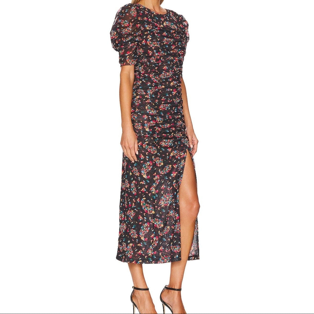 Puff sleeve ruffled mesh dress
