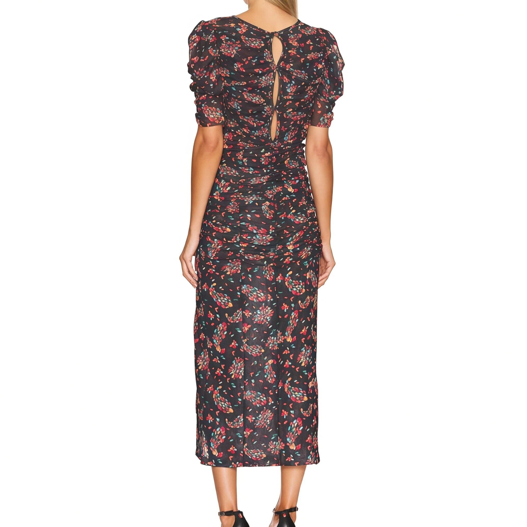 Woman wearing a floral dress on a white background