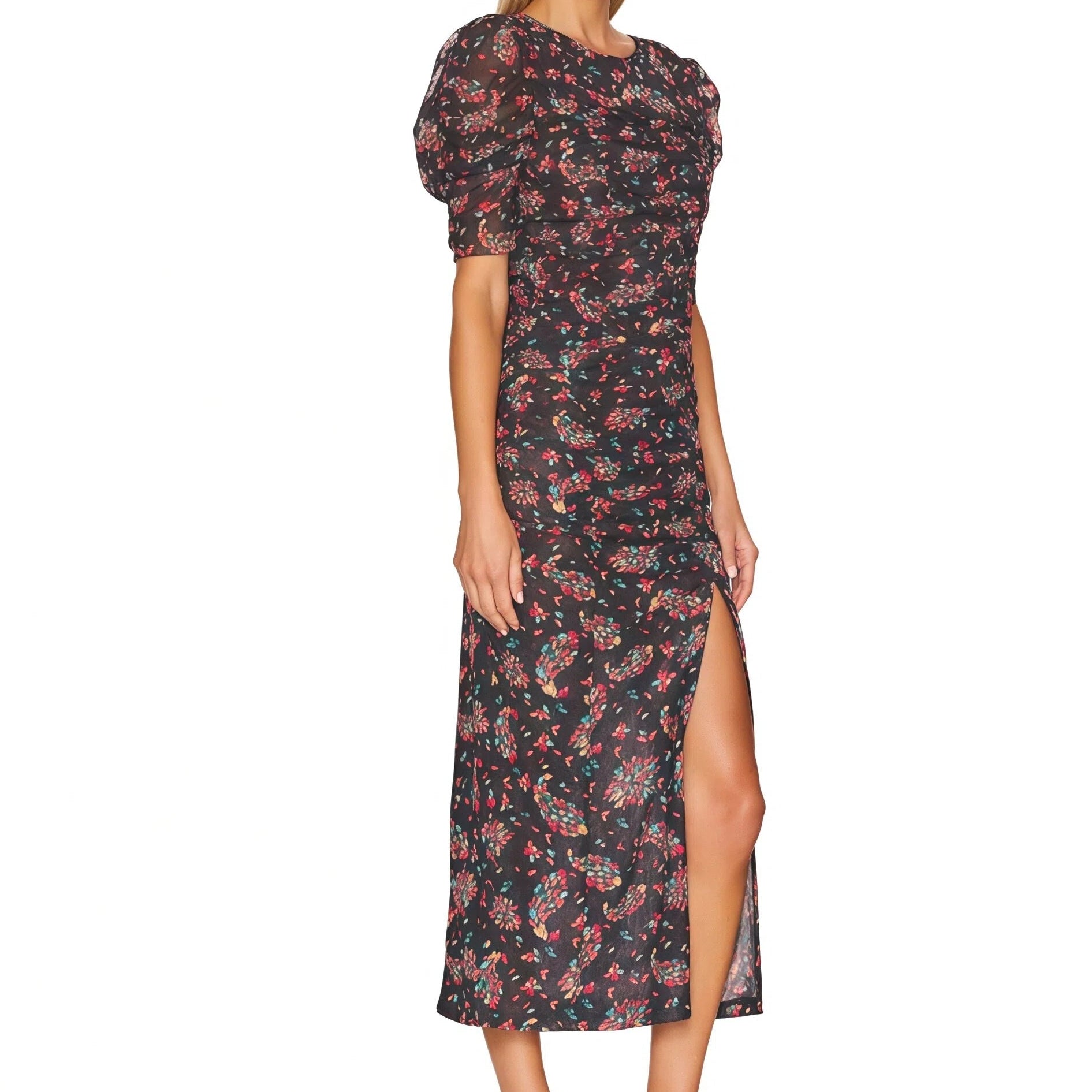 Woman wearing a floral dress with a white background