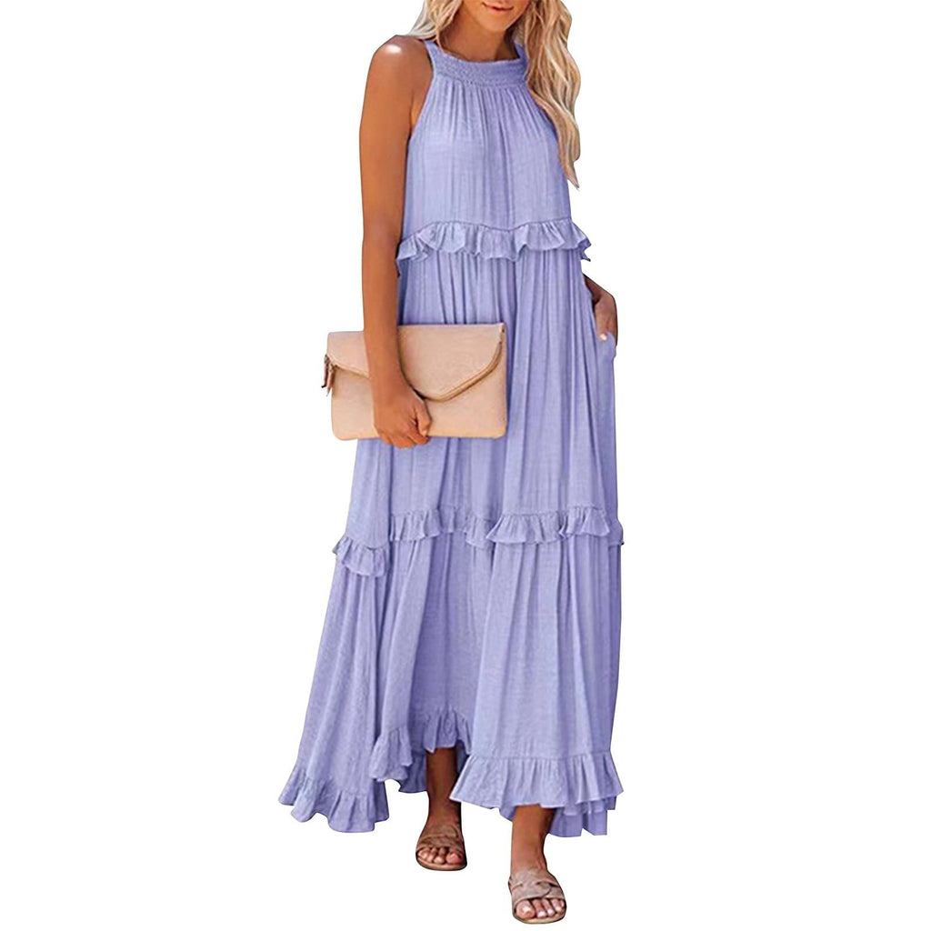 Sleeveless halter tiered ruffle pocket maxi dress
