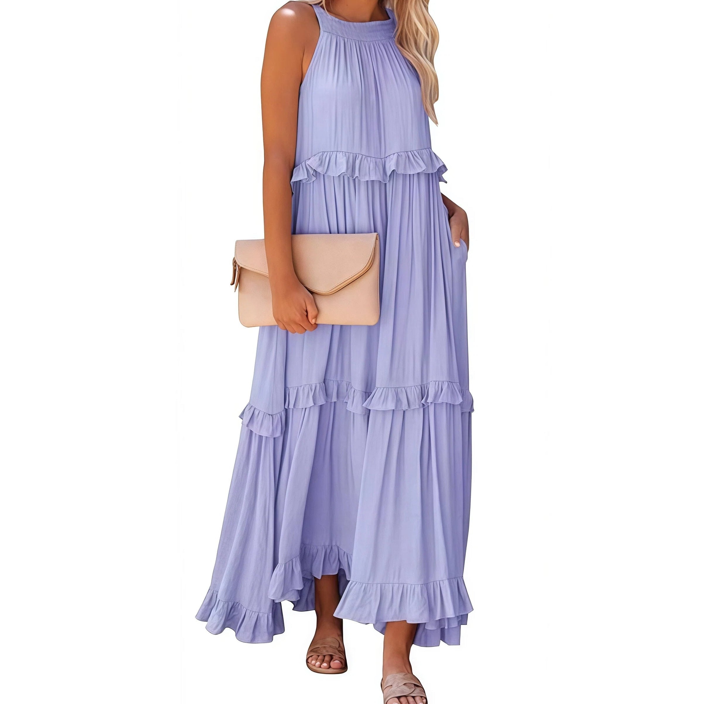 Woman wearing a purple ruffled dress holding a beige clutch on a white background