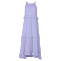 Lavender dress with ruffled layers on a white background