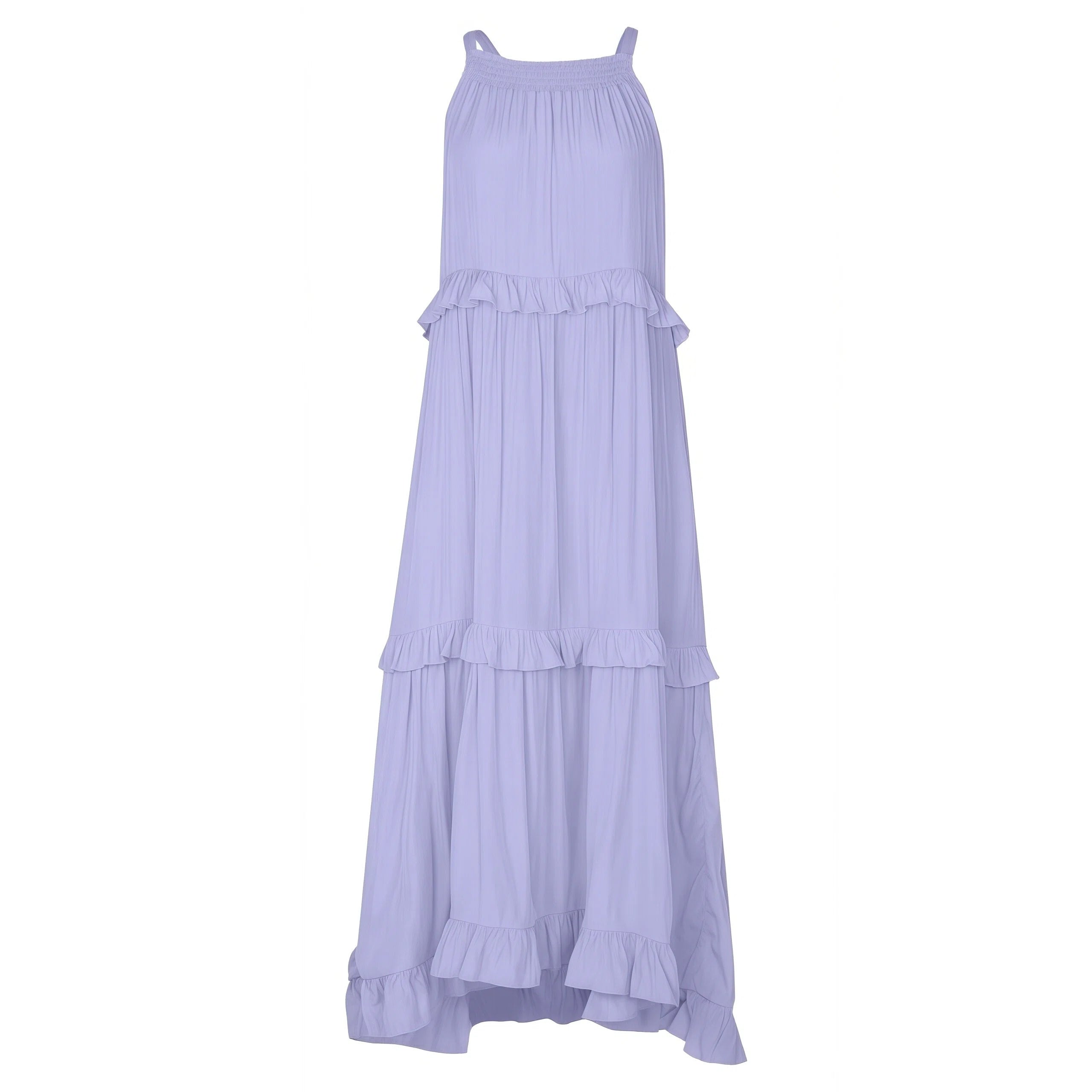 Lavender dress with ruffled layers on a white background