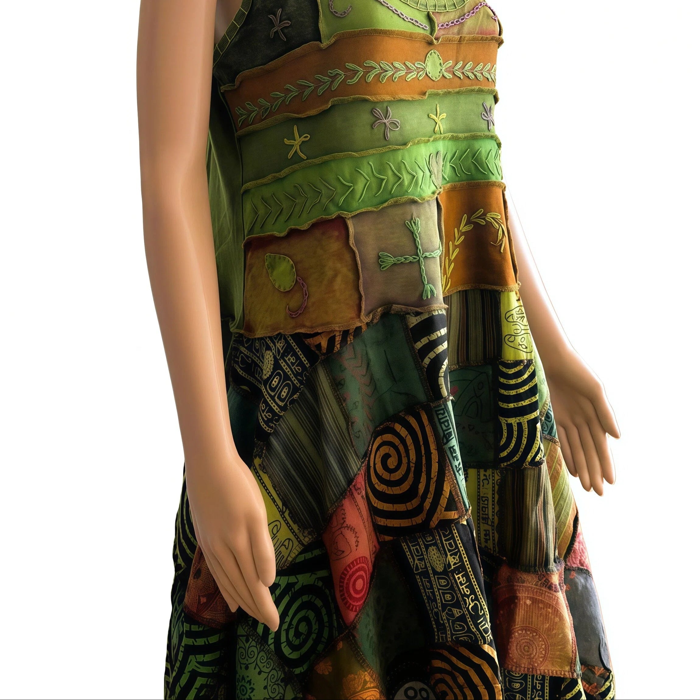 Mannequin wearing a colorful patchwork dress on a white background