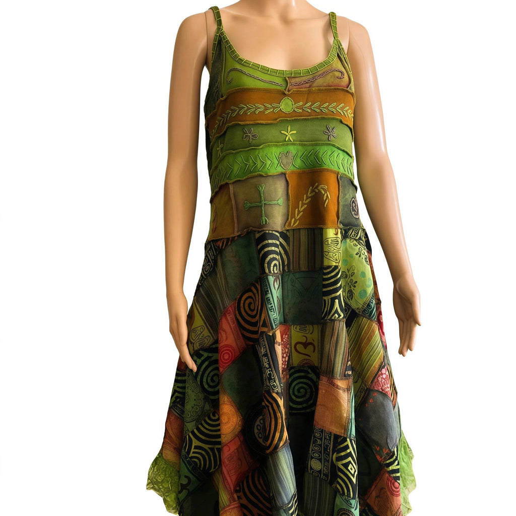 Mannequin wearing a colorful patchwork dress on a white background