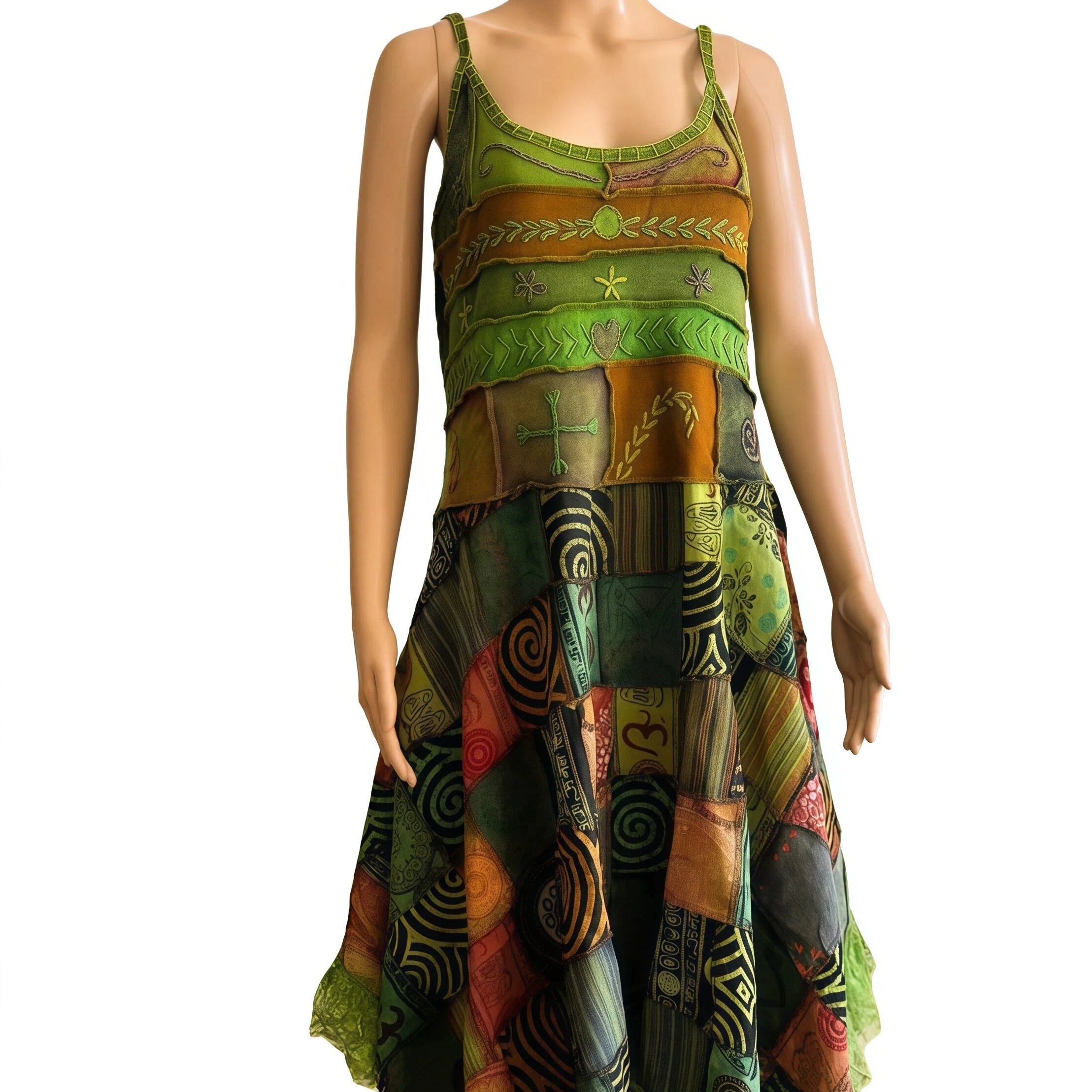 Mannequin wearing a colorful patchwork dress on a white background
