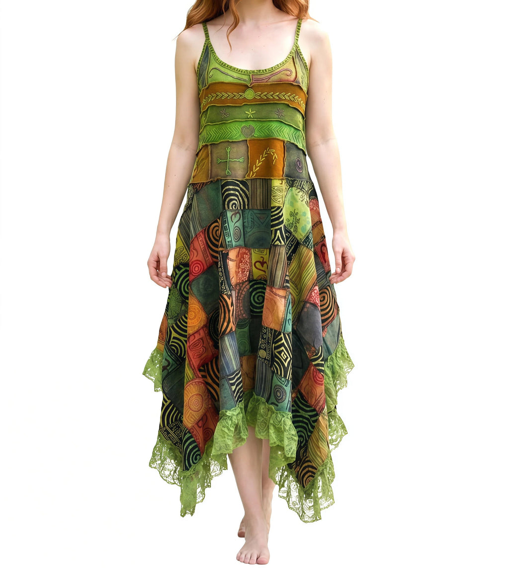 Woman wearing a colorful patterned dress on a white background